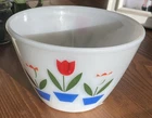 VTG Fire King Splash Proof Bowl Oven Ware Tulips on Ivory 4" x 5 by 7" wide