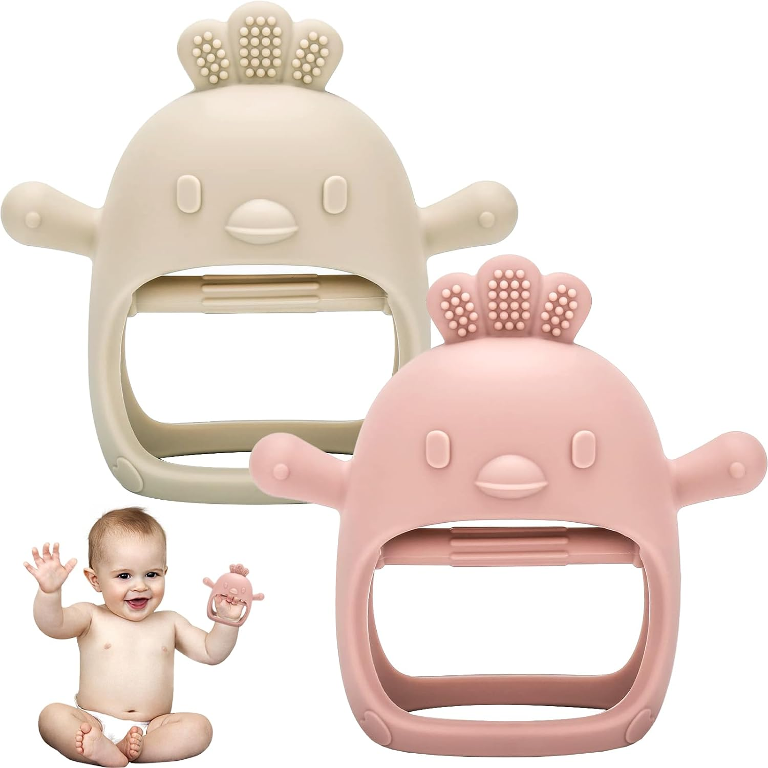 2 Pack Baby Teething Toys Silicone Teether Mitten 0-6 Months Infant Beige Pink