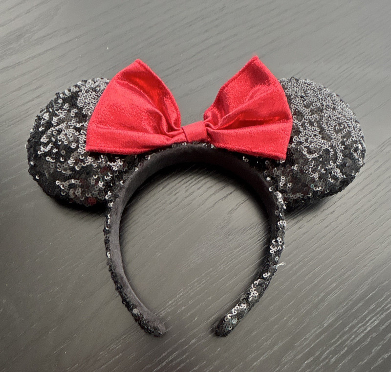 Minnie Mouse Black Sequin Mouse Ears Headband w/ Red Bow Costume Party