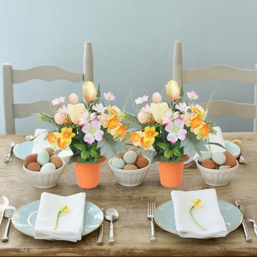 Easter Table Decor, 2 Pcs Artificial Flowers Eggs Potted Fake Tulips Potted - Picture 4 of 8