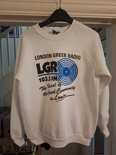 Vintage 1990s Advertising London Greek Radio LGR 103.3FM White Small Sweater