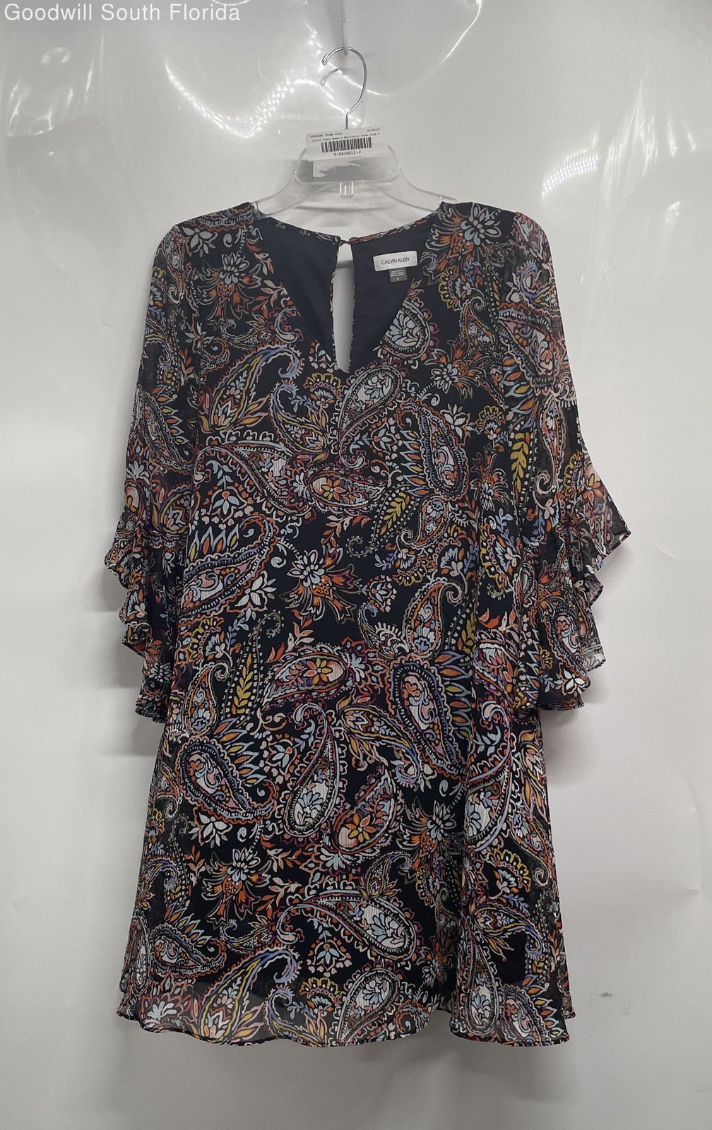 Calvin Klein Womens Multicolor Paisley V-Neck 3/4 Sleeve Shift Dress Size 6