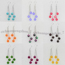 Natural Gemstone Multicolor Round Bead Cluster Chain Dangle Silver Hook Earrings