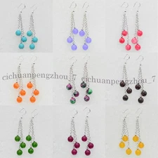Natural Gemstone Multicolor Round Bead Cluster Chain Dangle Silver Hook Earrings
