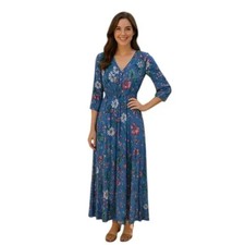 M.Nollby Floral Maxi Dress Blue Pink Boho Pleated V-Neck 3/4 Sleeve Size XL