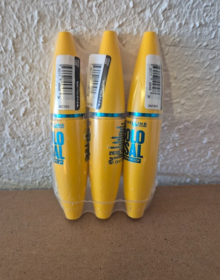 3x MAYBELLINE NEW YORK Mascara Volum Express Colossal Waterproof 01 Black, 10 ml