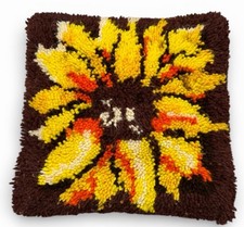 VTG Latch Hook PILLOW Floral Yellow Orange 14.5x14.5" Cottage Cabin Core BOHO