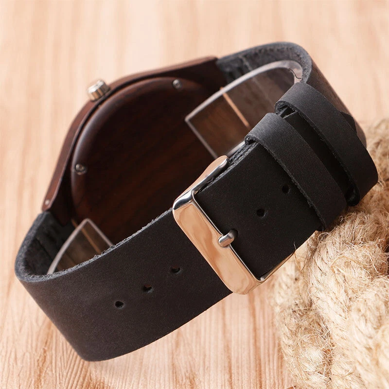 Casual Nature Wood Bamboo Round PU Leather Band Strap Men Quartz Wrist Watch - image 2 of 4