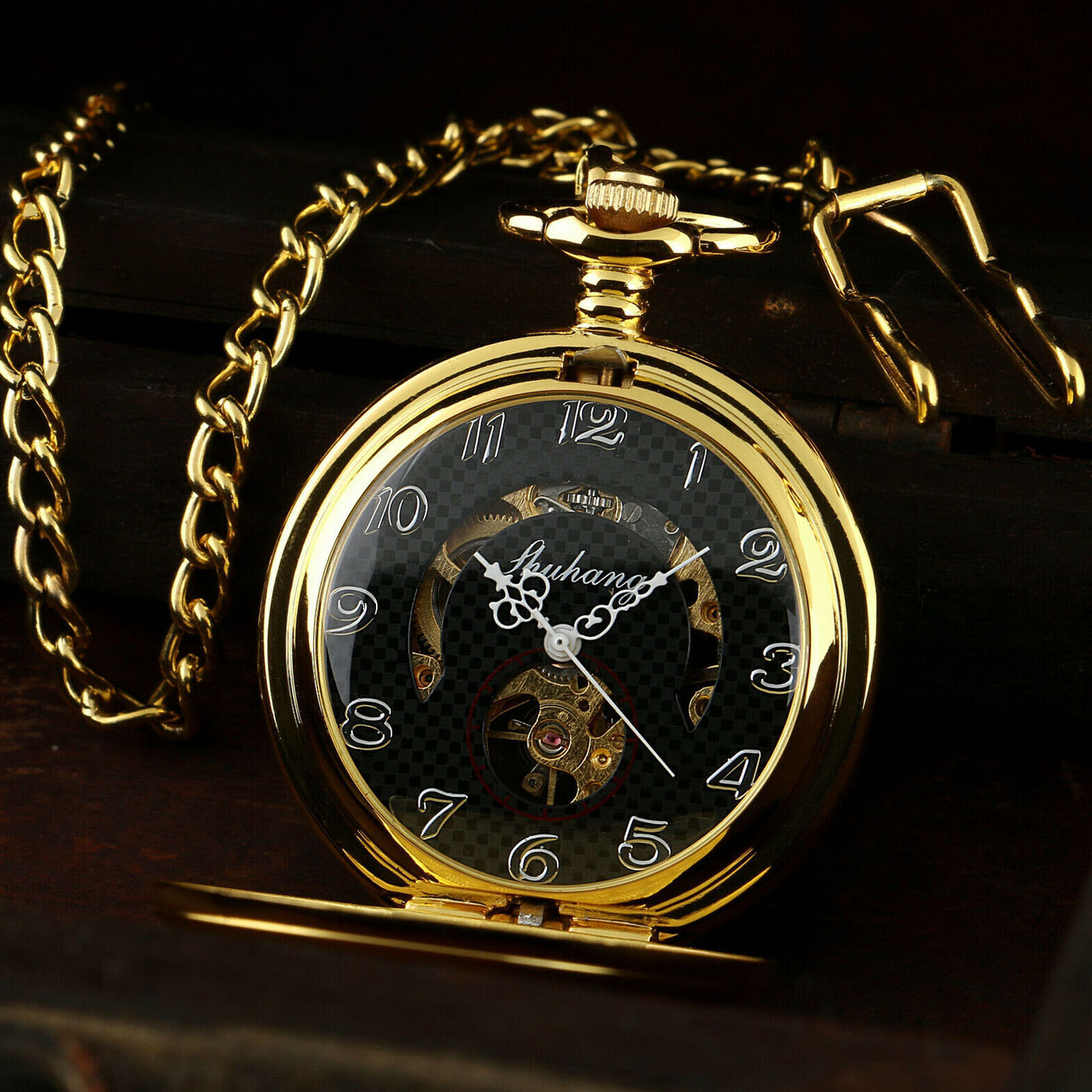 Mens Pocket Watch Mechanical Gold Case Hollow Hands Chain Handwinding