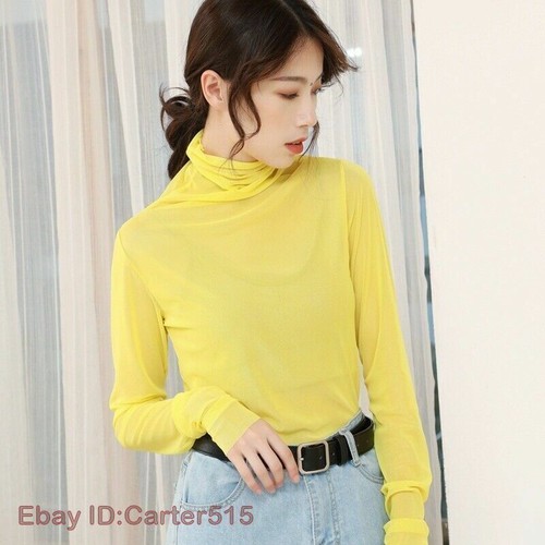 Lady Mesh Blouse See Through Sheer Tops Long Sleeve Turtle Neck Thin Sexy Casual - Picture 21 of 29
