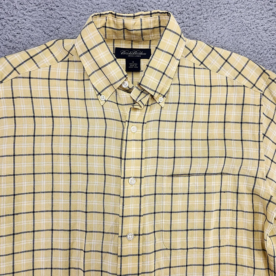 Brooks Brothers Shirt Mens Small Yellow Irish Linen Plaid Long Sleeve Preppy - Image 2 of 4