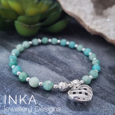 Inka Sterlingsilber Perle Amazonit Stapelarmband mit 3D Herz Charm