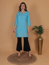 Women's Light Blue Kurta Embroidery Tunic Top 3/4 Sleeves Indian Ethnic Style