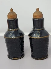Vintage Black Ceramic Oil & Vinegar Cruet Set With Cork Stoppers Retro MCM Decor