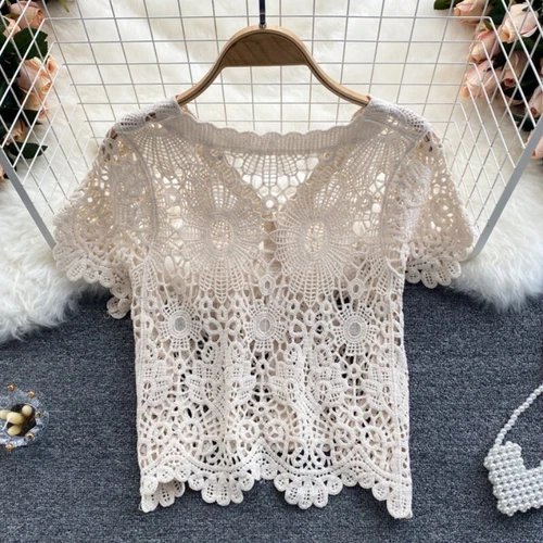 Cardigan bolero donna uncinetto spalle scoperte maglia pizzo crop top copricostume - Foto 7 di 15