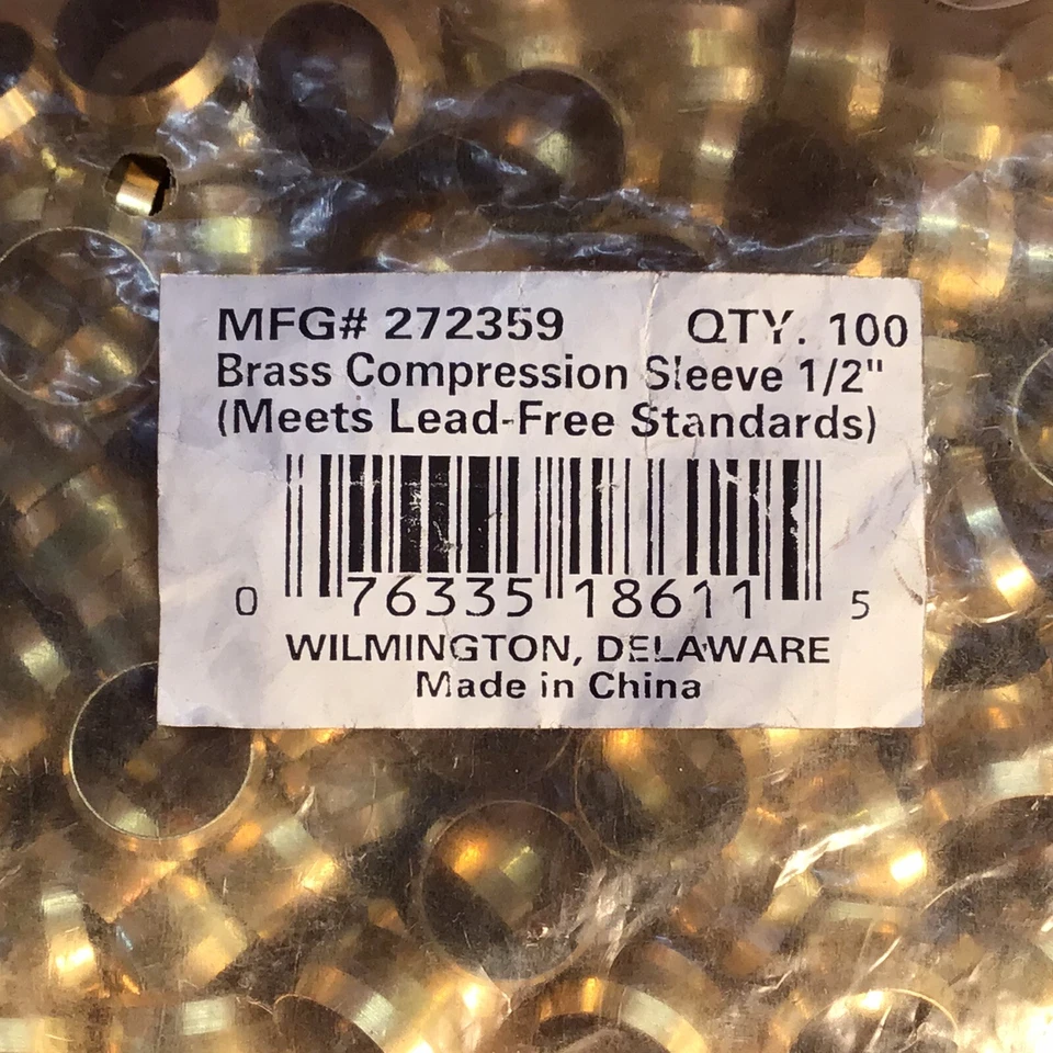 100 Pack 1/2" Compression Sleeve Solid Brass Ferrule for 1/2" Compression Tubing - Image 2 of 3
