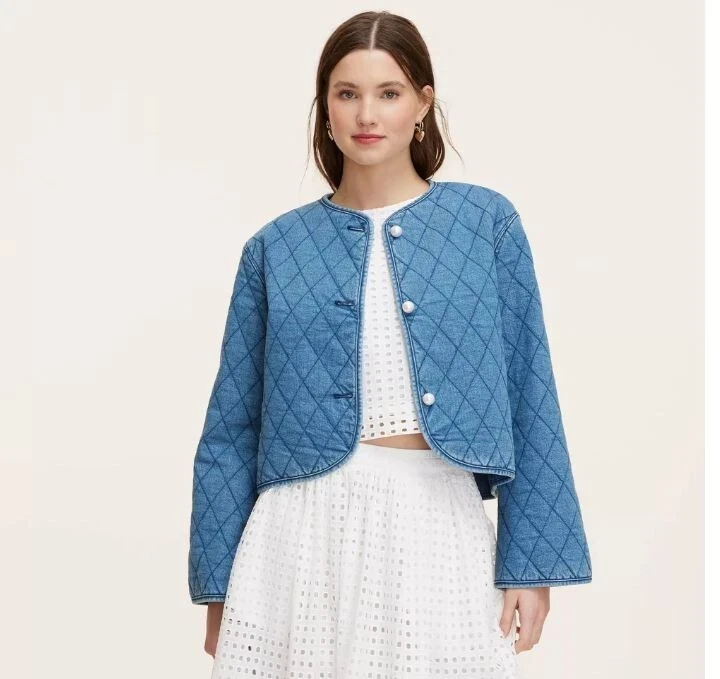 Giacca donna trapuntata denim Kate Spade New York x Target blu nuova con etichetta (LARGE)