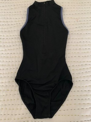 Mariia  Misha  High Neck Zip Front Tank Leotard   Women s Small   Black w/ Blue