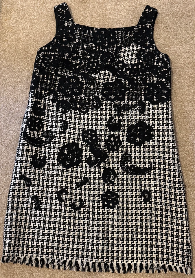 Vestido Oscar De La Renta Talla 14 Negro Blanco Encaje Apliques Pata de Gallo 100% Seda Foto 4 de 4