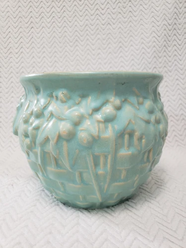 Lg McCOY Pottery Woven Basketweave Berry Jardiniere Aqua Blue Planter Vase Bowl