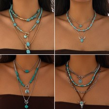 Retro Geometric Oval Pendant Necklace Multi Layer Clavicle Chain For Daily Wear