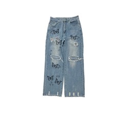 Shein Baggy Jeans Women 6 Blue Distressed Butterfly Star Wide Leg Denim