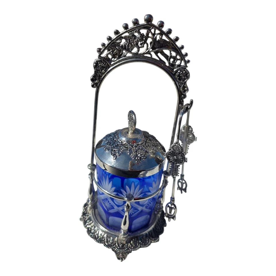 ANTIGUO FRASCO DE VIDRIO GRABADO VICTORIANO PLATEADO RICINO AZUL COBALTO Foto 2 de 4