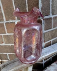 vintage FENTON logo 8 ⅜” PINK Iridescent Crackle Pinched ART GLASS VASE