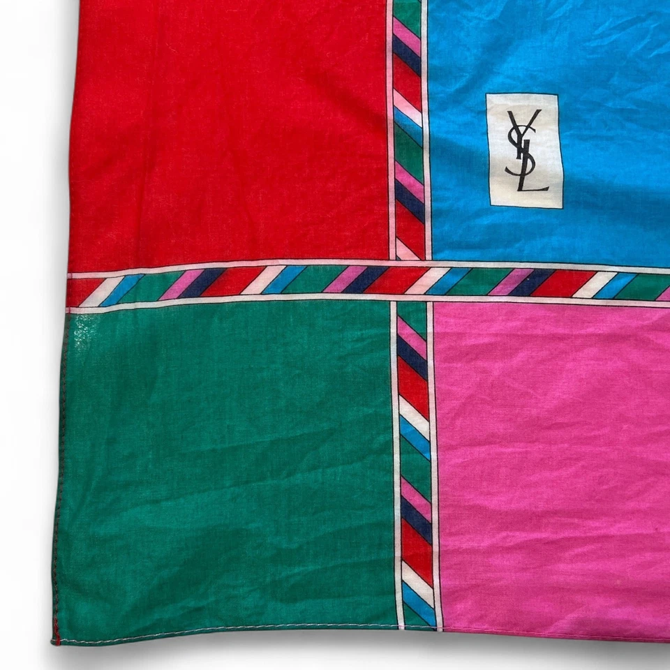 Bufanda vintage Yves Saint Laurent YSL colorblock rosa azul rojo verde 27" COMO ESTÁ Foto 4 de 4