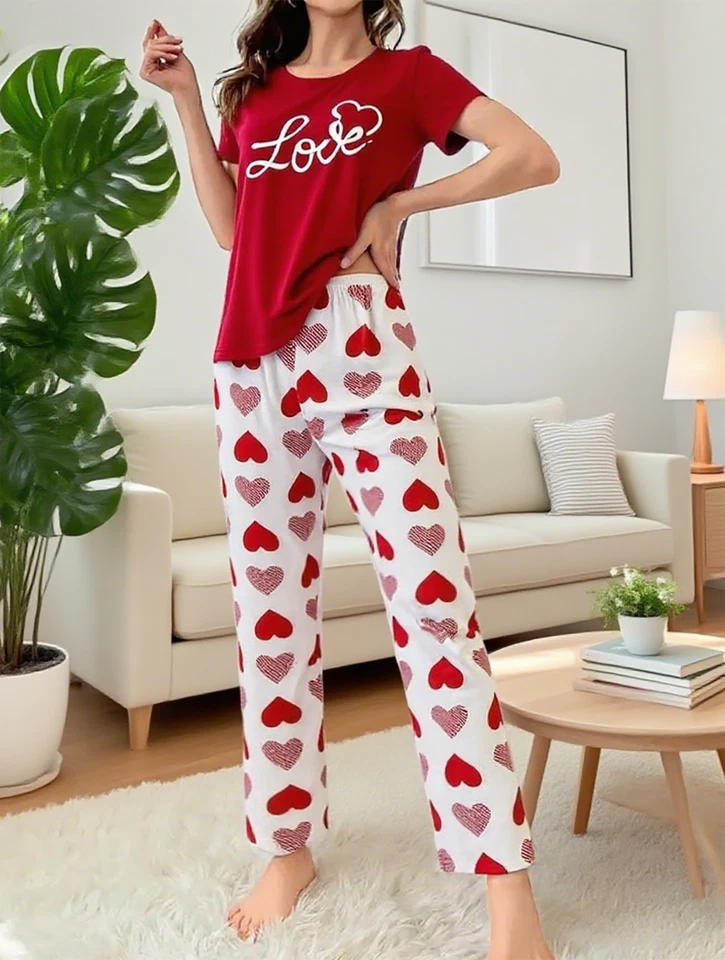 Женская пижама комплект коротким рукавом Топ длинные брюки Loungewear женщины повседневная домашняя одежда - Изображение 2 из 4