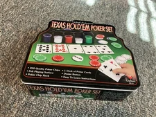 Cardinal Texas Hold'em set!   Chips and 5 decks of Cards in Metal Tin with Rules