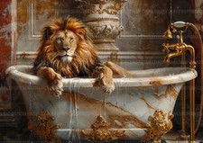 Lion Bathtub Quirky Unique Art Print Luxurious Animal Funny Bathroom Decor L84