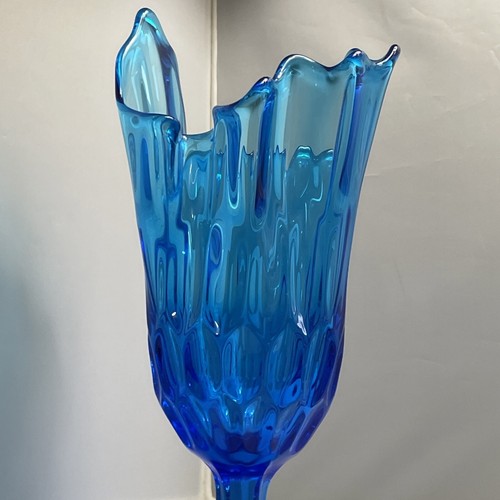 VTG Fenton Colonial Blue Glass Swung Vase Thumbprint Handkerchief Pedestal MCM - Picture 10 of 14