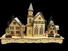 Holiday LED Lighted Handcrafted Wood Winter Village Christmas Scene NEW in Box