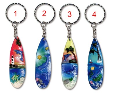 Hand Painted Poly Stone Dolphin Palm Tree Surf Board Key Chain Keyring 222S