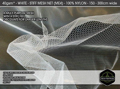 STIFF FABRIC CLOTH WHITE MESH NET 150cm wide NYLON