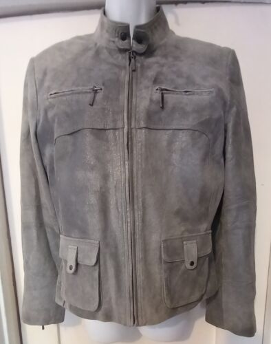 ALFANI Petites Gray Suede Leather Moto Zip Jacket, Subtle Sparkles, Pockets, Med