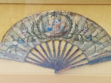 Antique Victorian French Hand Painted Fabric Fan with Sequins, Shadowbox