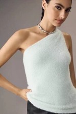 Anthropologie One Shoulder Eyelash Knit Tank Top Blue Size M Fuzzy