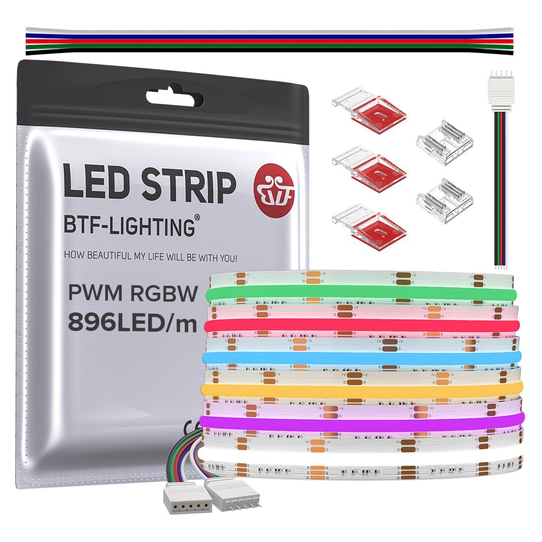 FCOB COB LED Strip RGBW 6500K UL Listed 896LED/m 16.4FT DC24V Flexible High Density