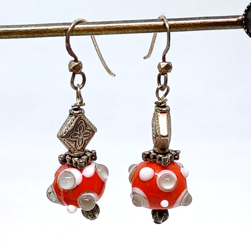 Earrings Artisan Glass Lampwork Red White Sterling Hook Silver Bead Dangle Drop - Picture 13 of 18