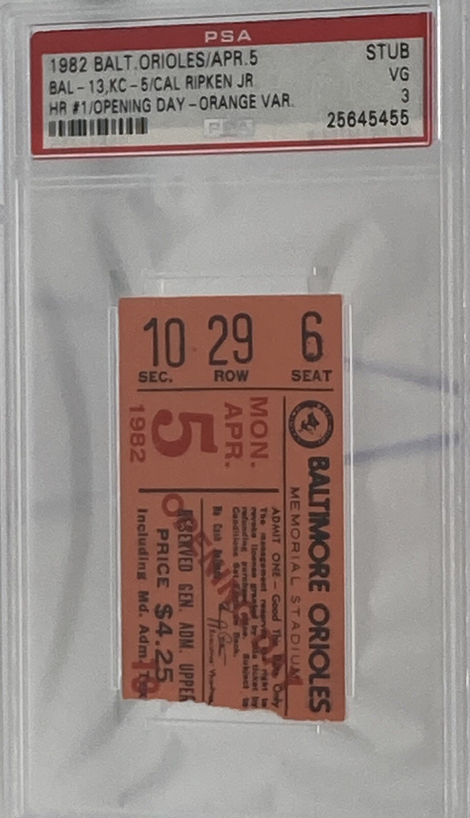 1982 PSA Ticket Pass Cal Ripken Jr. 1st HR Opening Day Baltimore Orioles VG⚾️ view 2