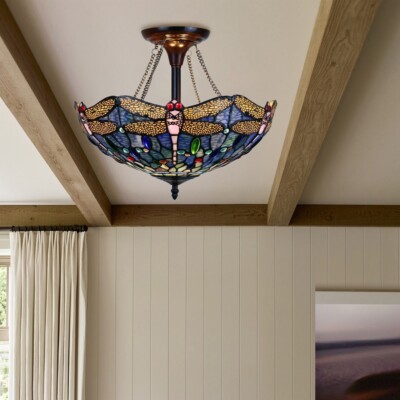 Semi Flush Dragonfly Tiffany  Style Stained Glass 2 Bulb Ceiling Fixture 16'' W