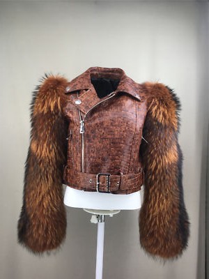 Real Sheep Leather Biker Jacket Crocodile Pattern Fox Fur Sleeve