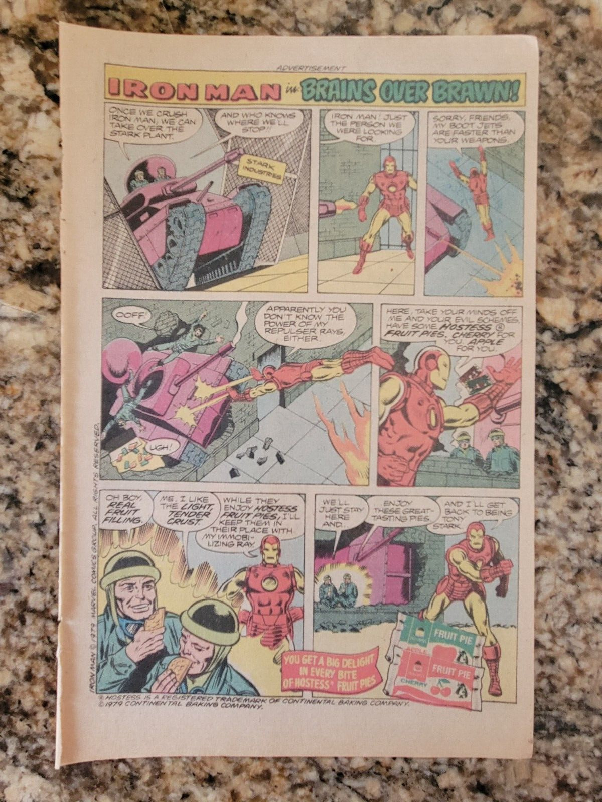 1979 HOSTESS FRUIT PIES & MARVEL Iron Man in BRAINS OVER BRAWN! Comic Print Ad