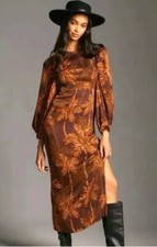 Farm Rio x Anthropologie Long Sleeve Low Back Printed Midi Satin Dress Sz XL NWT
