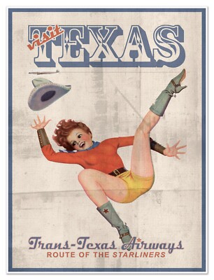 Trans-Texas Airlines Travel Ad Cowgirl Pinup Art Print Poster 