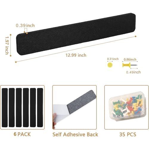 6Pcs Black Cork Board Bar Strips with 50 Pushpins & Sticky Notes, Self - Picture 2 of 6