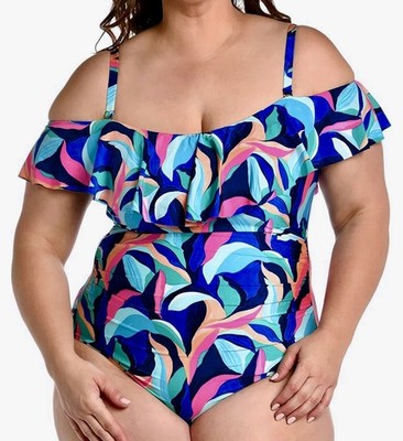 La Blanca Island Goddess Off Shoulder Ruffle One Piece Swimsuit  Sz 16 NWT $135