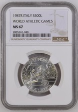 Italy 1987 500 Lire, World Athletic Championship Silver NGC MS67 Case and COA